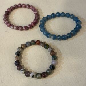 3 beaded stretch bracelets - Pink Tourmaline, Blue Onyx, and Ocean Jasper